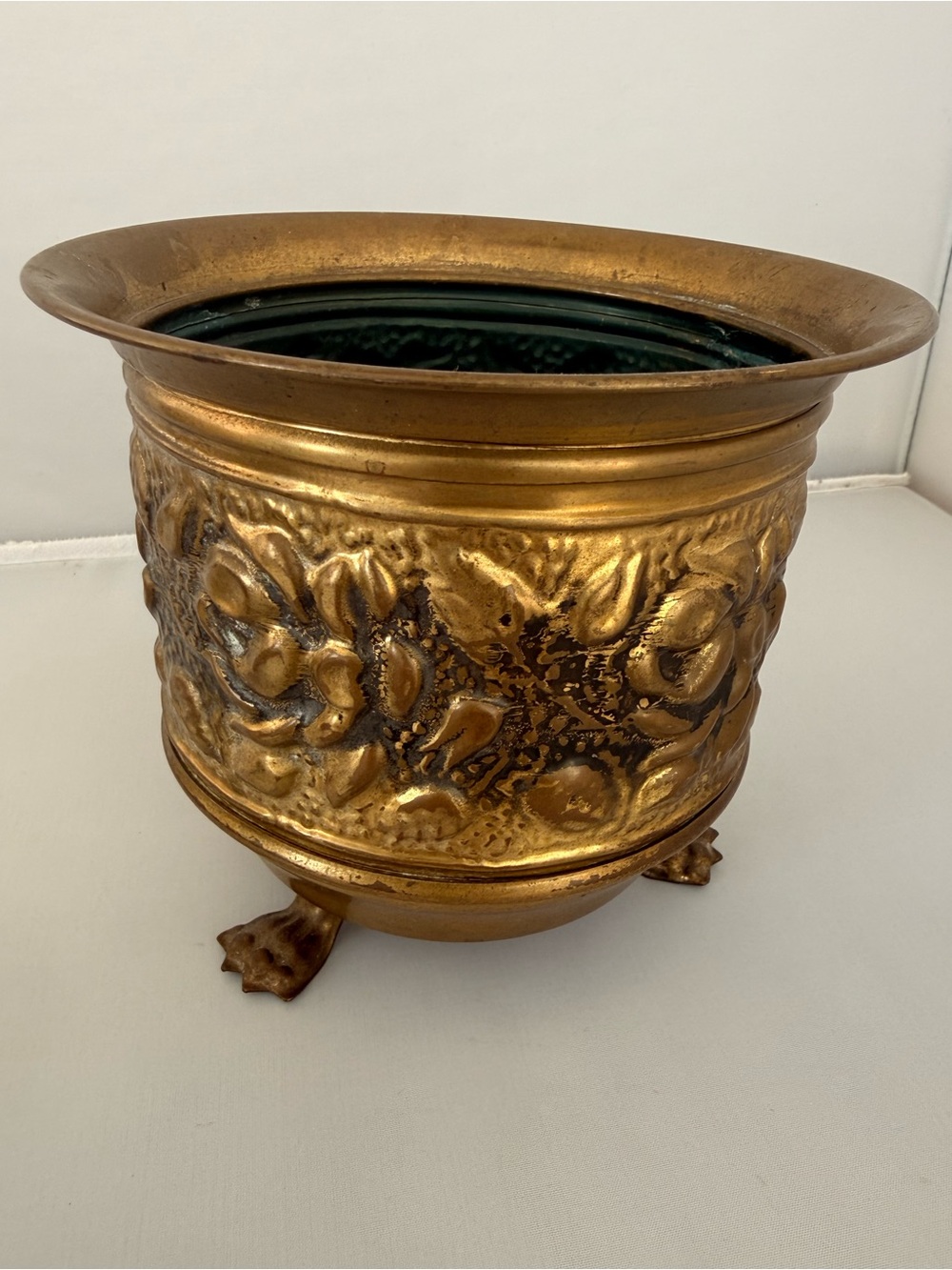 Vintage Brass Planter Pot Paw Feet Made In England Embossed Metal Claw Footed